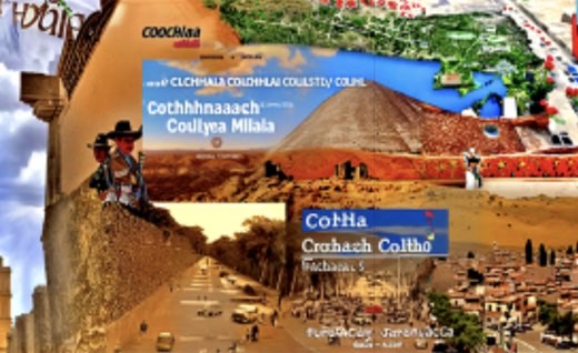 Heavily distorted, glitch-filled AI-generated collage combining tourist and hotel signage, a pyramid, and city imagery, with garbled, illegible text throughout.