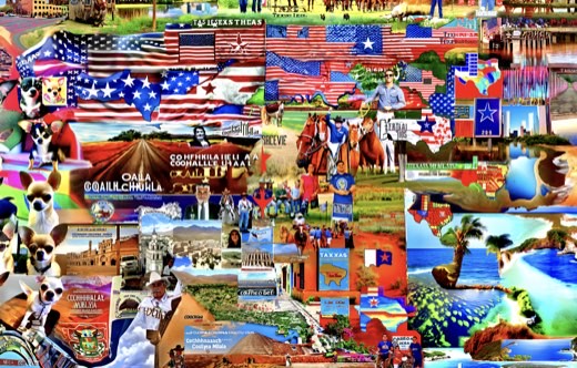 An AI-generated collage of Texas imagery featuring American and Texas flags, horses, chihuahuas, and a beach scene, with garbled distorted text throughout.