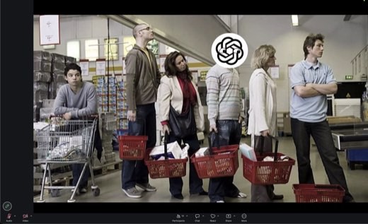 Slide: supermarket checkout queue photo with the OpenAI logo pasted over one shopper's head. ChatGPT as a particular person in the crowd.