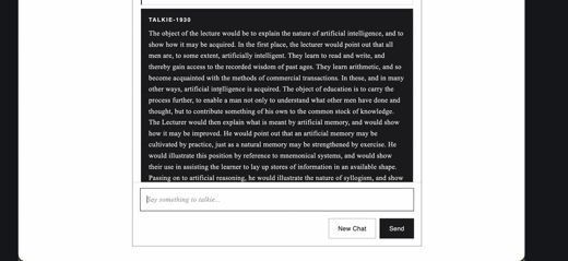 A chat shows the question about designing a Pratt AI lecture next to talkie's full period-style answer.