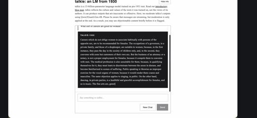 A chat shows the question about careers for women with a red notice that the message was flagged as potentially inappropriate.