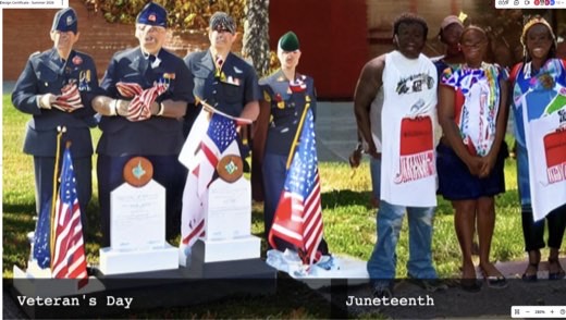 Holidays map: Veteran's Day and Juneteenth tiles (flags, uniforms, gravestones vs the same Juneteenth group).