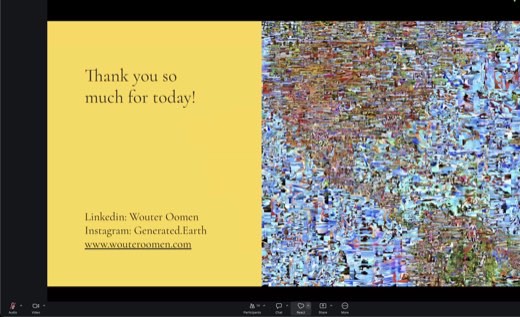 ⭐ Thank-you slide: LinkedIn Wouter Oomen, Instagram Generated.Earth, www.wouteroomen.com. Contact info for follow-up.