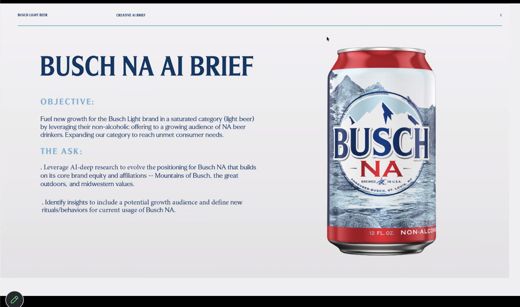 A slide shows the Busch NA brief with objective and ask text next to a can of Busch NA beer.