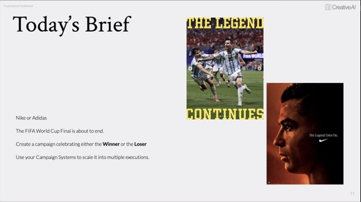 A slide titled "Today's Brief" asking students to create a Nike or Adidas World Cup campaign celebrating the winner or loser, shown beside sample soccer ad mockups of...