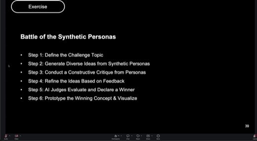 Slide "Exercise / Battle of the Synthetic Personas" (page 39) listing six steps: Define the Challenge Topic, Generate Diverse Ideas from Synthetic...