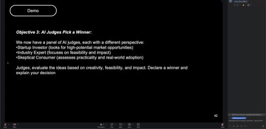 Slide "Demo / Objective 3: AI Judges Pick a Winner" (page 42): prompt template defining a judge panel of Startup Investor, Industry Expert, and...