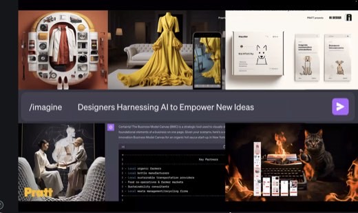 Same slide as above, zoomed to full-bleed: top-right panel reads "PRATT presents AI DESIGN" with an "i" logo; bottom row shows ChatGPT BMC output...
