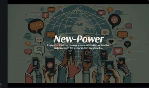 Slide titled "New-Power": illustration of hands holding phones (Facebook, Twitter icons) reaching up toward a globe covered in social/chat icons....