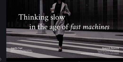 Title slide of the guest talk (Google Slides fullscreen): "Thinking slow in the age of fast machines," photo of a woman crossing a street. Speaker...