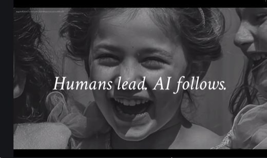 Black and white slide reading "Humans lead. AI follows." over a close-up AI-generated image of a laughing child's face.