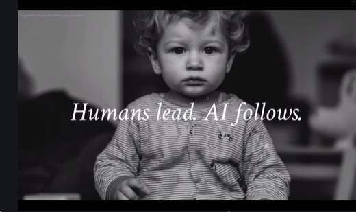 A slide reading "Humans lead. AI follows." over a black-and-white photo of a young child in a striped shirt looking at the camera.