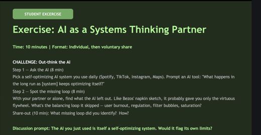 A dark green student exercise slide titled Exercise AI as a Systems Thinking Partner with two timed steps listed in text.