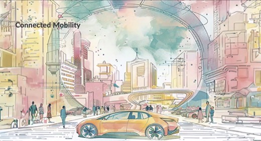 A slide titled "Connected Mobility" showing a watercolor-style illustration of a futuristic city street with an electric car and pedestrians.