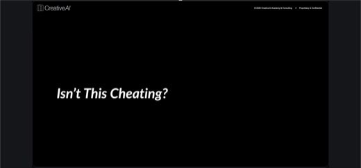 Black title card: "Isn't This Cheating?": framing question opening a segment on AI authorship/legitimacy debates.