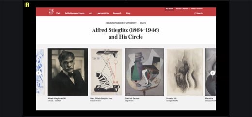 Back to the Met's "Alfred Stieglitz and His Circle" browser page (same as 8:05:38), Tony toggling between the two references.