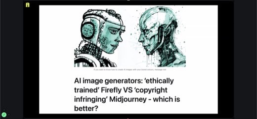 Firefly-branded illustration (two stylized robot/AI heads facing off) over the headline "AI image generators: 'ethically trained' Firefly VS...