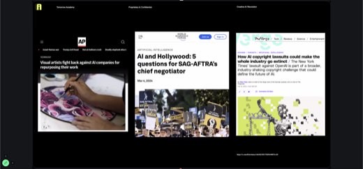 News-roundup slide with three headline clippings: AP's "Visual artists fight back against AI companies for repurposing their work," World Economic...