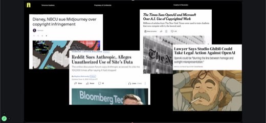 Second news-roundup slide: "Disney, NBCU sue Midjourney over copyright infringement," NYT's "The Times Sues OpenAI and Microsoft Over A.I. Use of...