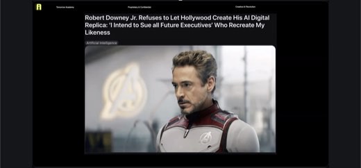 Same Robert Downey Jr. AI-likeness-lawsuit headline slide, chat sidebar now closed (companion capture to 8:16:21, not a rapid dupe).