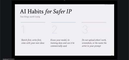 Creative AI Academy slide "AI Habits for Safer IP" with three numbered practical guidelines: (1) sketch/write first with your own ideas, (2) know...