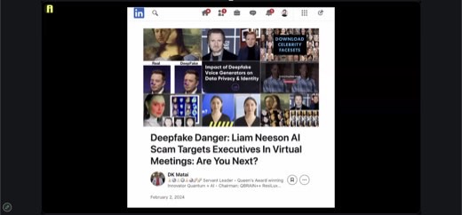 LinkedIn post grid of deepfake examples (Mona Lisa, Elvis-style Real/DeepFake comparison, "Download Celebrity Facesets," deepfake voice generator)...