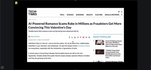 Tech Times article "AI-Powered Romance Scams Rake in Millions as Fraudsters Get More Convincing This Valentine's Day," citing a Hong Kong AI-aided...