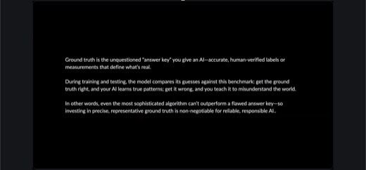 Definition slide: "Ground truth is the unquestioned 'answer key' you give an AI,accurate, human-verified labels... get it wrong, and you teach it...