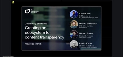 Content Authenticity Initiative (CAI) "Community Showcase" event slide: "Creating an ecosystem for content transparency," May 24 @ 12pm ET, with...