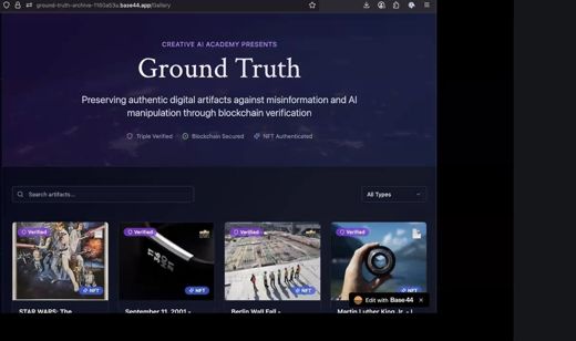 A browser shows the Ground Truth website with a gallery of verified historical image and video artifacts, logged in as Tony Jones.