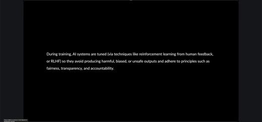 A dark slide displays a text definition of how AI systems are tuned during training to avoid harmful outputs.