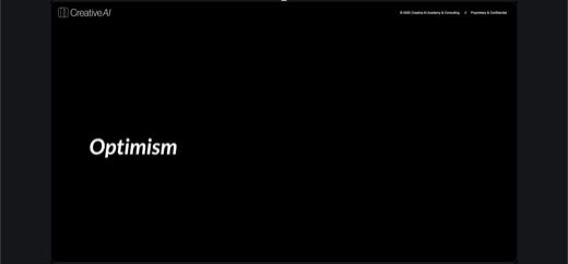 Black title slide "Optimism": pivoting the lecture toward the constructive/upside case for AI.