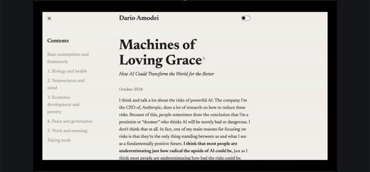 A browser shows the opening page and table of contents of Dario Amodei's essay Machines of Loving Grace.