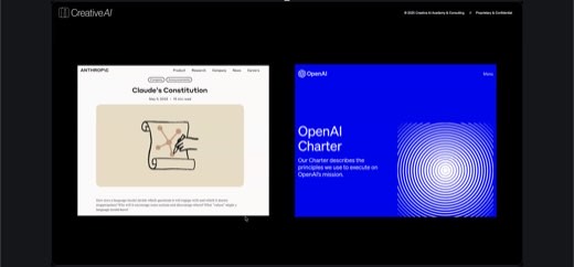 Split slide comparing Anthropic's "Claude's Constitution" blog post (May 9, 2023) and OpenAI's "OpenAI Charter" page: the two labs' published...