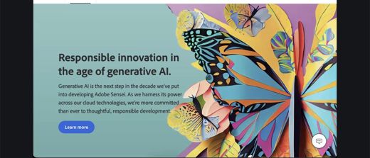 A browser shows Adobe's AI at Adobe webpage with the headline Responsible innovation in the age of generative AI.
