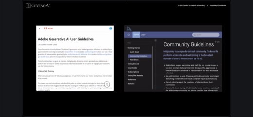 Split slide comparing Adobe's "Generative AI User Guidelines" (No AI/ML Training clause) with Midjourney's dark-mode "Community Guidelines" (PG-13...