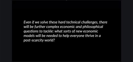 A dark slide displays a text quote from Dario Amodei's essay about economic and philosophical questions in a post-scarcity world.