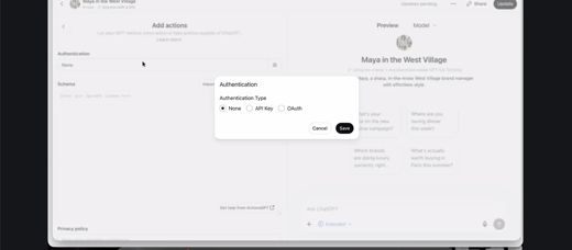 Screenshot of the ChatGPT Add actions panel with an Authentication modal open showing None, API Key, and OAuth options.