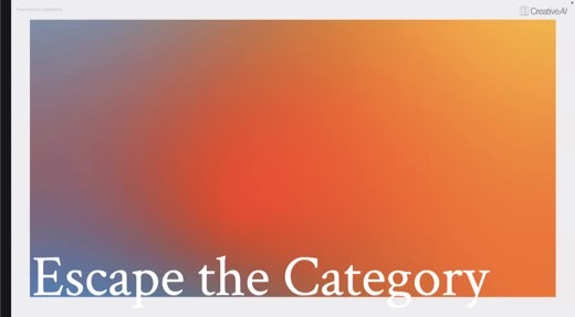 Gradient title card "Escape the Category" (blue-to-orange-to-yellow background, white serif type), no other slide content visible