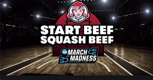 Sharon's example slide: basketball-arena graphic with Wendy's logo, headline "START BEEF / SQUASH BEEF," NCAA March Madness bracket graphic...
