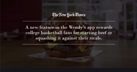 Sharon's example slide styled as a New York Times headline over a Wendy's burger photo: "A new feature in the Wendy's app rewards college...