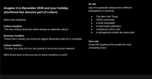 **PROMPT SLIDE.** Sharon's "Future Headlines" exercise slide, full text: "Imagine it is December 2030 and your holiday shorthand has become part...