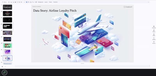 Sharon's slide "Data Story: Airline Loyalty Pitch," an isometric illustration of a plane surrounded by credit cards and clouds...