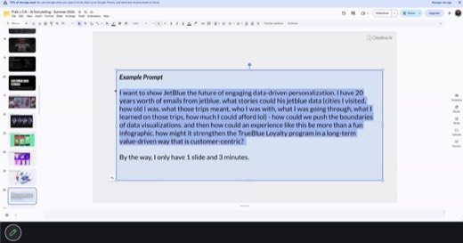 **PROMPT SLIDE.** Sharon's "Example Prompt" slide, full text: "I want to show JetBlue the future of engaging data-driven personalization. I have...